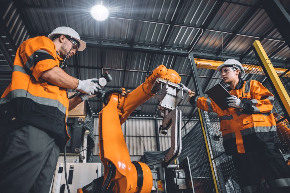 two engineers working near a robot cell