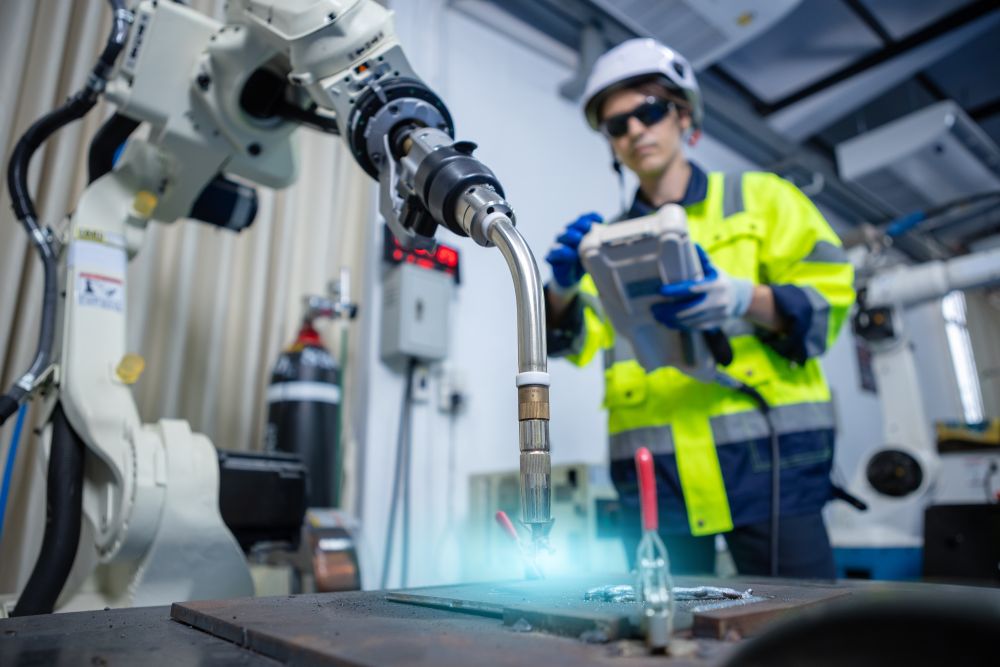 engineer holding teach pendant with a welding robot